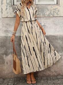 Vestido de mujer de manga corta holgado con cuello en V y medio abierto, de tela texturizada, adecuado para exteriores y vacaciones, primavera/verano - Caqui 2 - Ver 10