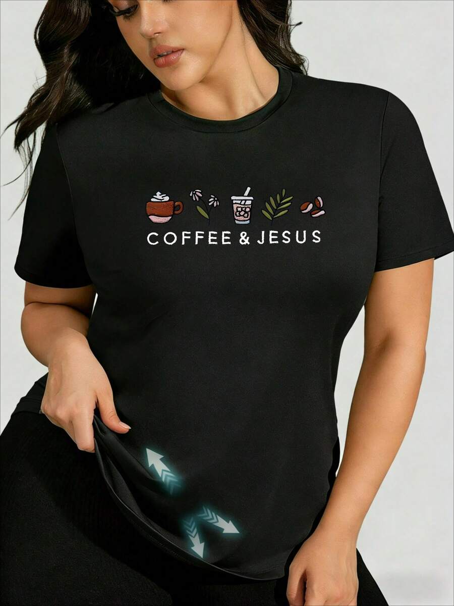 Playeras casuales de mujer de algodón manga corta estampado Coffee and Jesus cómoda para uso diario - Negro - Ver 1