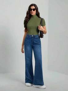 Tall Camiseta básica de unicolor negro de cuello alto con mangas cortas para mujer - Verde militar - Ver 7