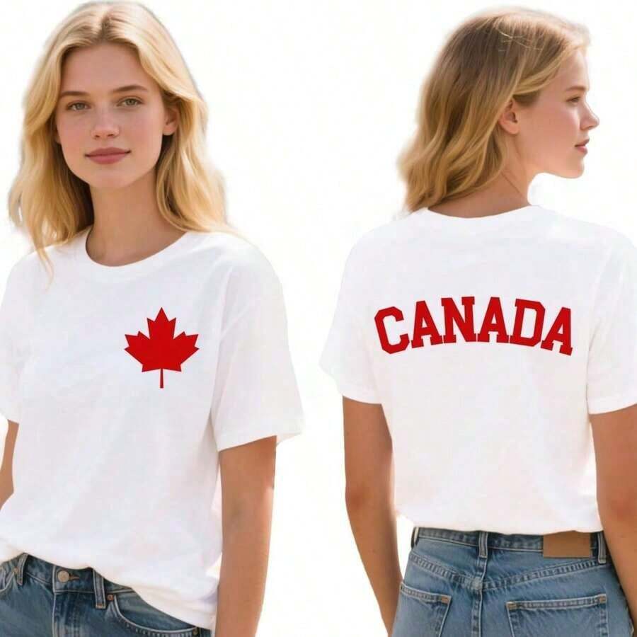 Women's Casual Cotton T-Shirt With Canadian Flag And Heart Print, Short Sleeve, Round Neck, Drop Shoulder, Cute Summer Garment With Slightly Stretchy Fabric - 白色 3 - 查看 1