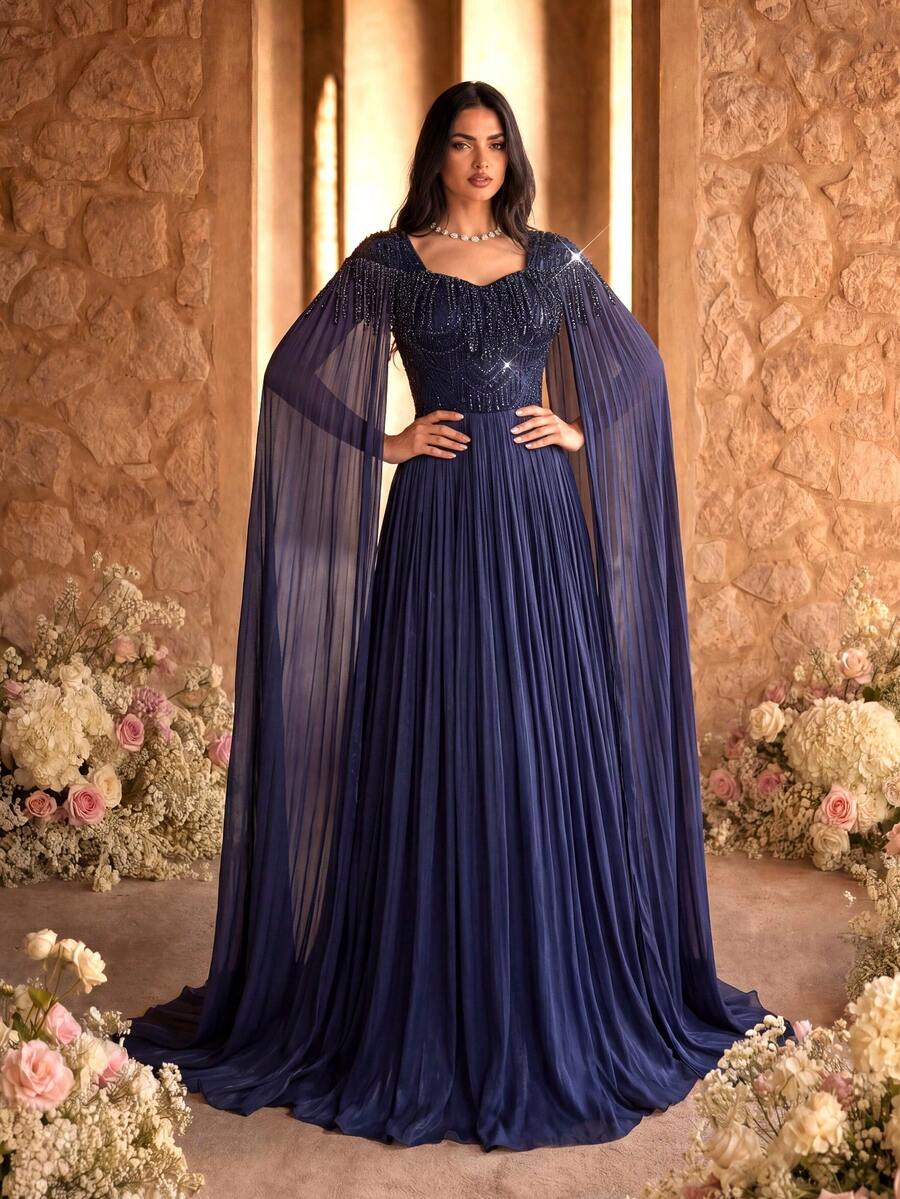 SUPGIR [Random Floral Cut] V-Neck Lantern Sleeve Chiffon Sequin Embroidery Waist Cinched Party Evening Dress Wedding Spring - Navy Blue - View 1
