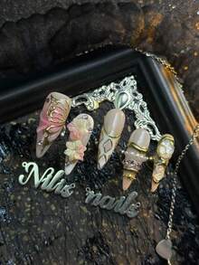 10pcs Handmade Fully Covered Stiletto Nails Press On Nails, Apricot Colored Nails, Pink Rendering,Detachable And Reusable, Using Gold Hand Drawn Butterfly Line Patterns,Suitable For Party, Daily Wear, Cosplay, With Jelly Glue And Nail File - Apricot - View 4