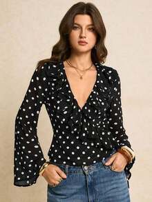 Blusa de mujer de manga larga con cuello en V profundo y estampado de lunares en contraste - Negro - Ver 4