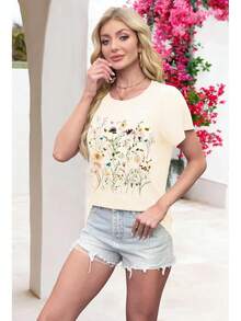Camiseta de Mujer con Estampado LETSEE, Manga Corta, Holgada, Casual, Bonita, Estilo Bohemio Retro, Top de Verano - Beis - Ver 4