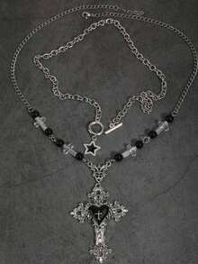 2pcs Vintage Gothic Style Rhinestone Star & Faux Pearl Personalized Rose Cross Heart Pendant Necklace, Y2K Goth Choker Necklace For Women - Silver - View 4