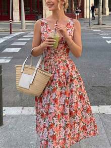 Amore Look For A Wedding Guest: Long Blue Dress With Floral Print, V-Neck, Sleeveless, High Waist And A-Line Silhouette, Perfect For Graduations, Parties, Summer Holidays Or An Elegant Afternoon Tea - 彩色 - 查看 5