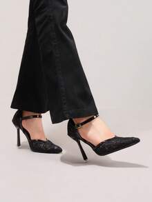 蕾絲刺繡鏤空高跟鞋，細跟時尚黑色女款涼鞋，夏季鞋 - 黑色 - 查看 8