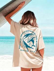 Camiseta de manga corta de mujer de verano nueva con estampado de letra y delfín marino, de estilo casual y versátil, de cuello redondo, en color beige, adecuada para uso diario y vacaciones - Albaricoque - Ver 6