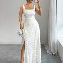 YijiaNvz  Nuevo vestido de punto texturizado sin mangas con cuello cuadrado, diseño de lazo en la espalda abierta, elegante vestido ajustado para fiesta - Albaricoque - Ver 9
