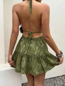 Vestido bohemio con estampado, sin espalda, con tirantes de lazo y moño, para uso casual, vacaciones y uso diario, primavera/verano para mujer - Verde - Ver 2