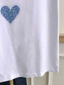 Camiseta de manga corta casual y versátil para mujer con cuello redondo, estampado de corazón y ribete de contraste - Blanco - Ver 5