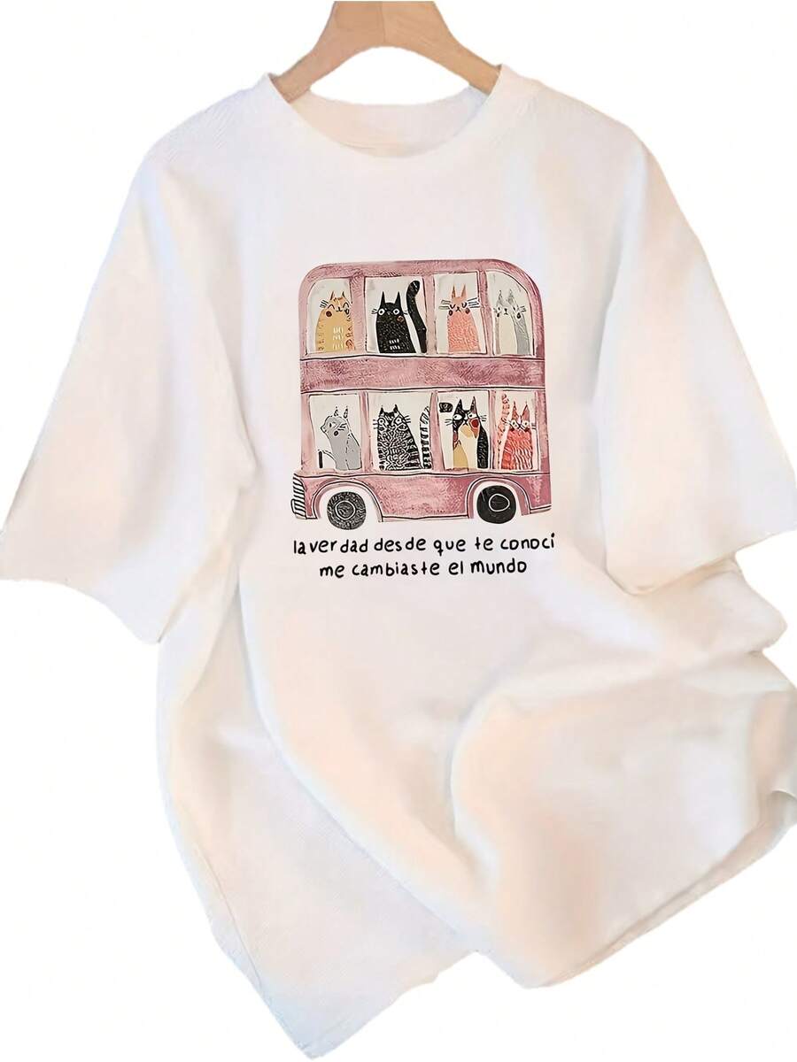 Blusa Casual de Verano para Mujer, Manga Corta con Cuello Redondo, Estilo Japonés Cute Cartoon, Suelta y Cómoda, Cubre Carne, Medio Manga - Blanco - Ver 1
