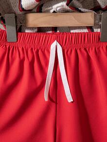 2pcs/Set Boys' Casual Striped Print Pattern Decorated Patch Short Sleeve Top And Solid Color Faux Drawstring Shorts, Spring/Summer - Red - View 8