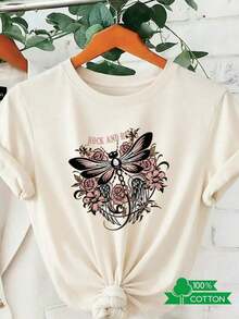 Women's Crew Neck T-Shirt With  Anime Letter Print, Simple Design, Comfortable And Breathable, Suitable For Casual And Versatile Daily Wear, Showing A Natural And Elegant Style, A Must-Have For Summer Parties, Local Shipping, Dragonfly Rose 100% Pure Cotton. - 杏色 - 查看 7
