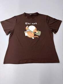 Camiseta casual con estampado de gato para mujer de talla grande, adecuada para uso diario, salidas, vacaciones, verano, fiestas en la playa, festivales de música, vacaciones y otros eventos.Color: Negro - Café integral - Ver 2
