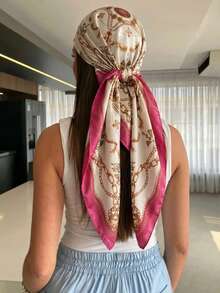 1pc 2026 New Fashion Women's Chain Print 90x90cm Square Scarf/Bandana, Paisley Pattern, Suitable For Daily Use - Hot Pink - View 1