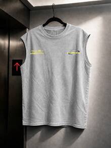 OVDY Áo tank top dáng rộng phong cách đường phố vintage in họa tiết kim loại, áo không tay dự lễ hội âm nhạc, phù hợp cho cả nam và nữ. - Xám - Xem 3