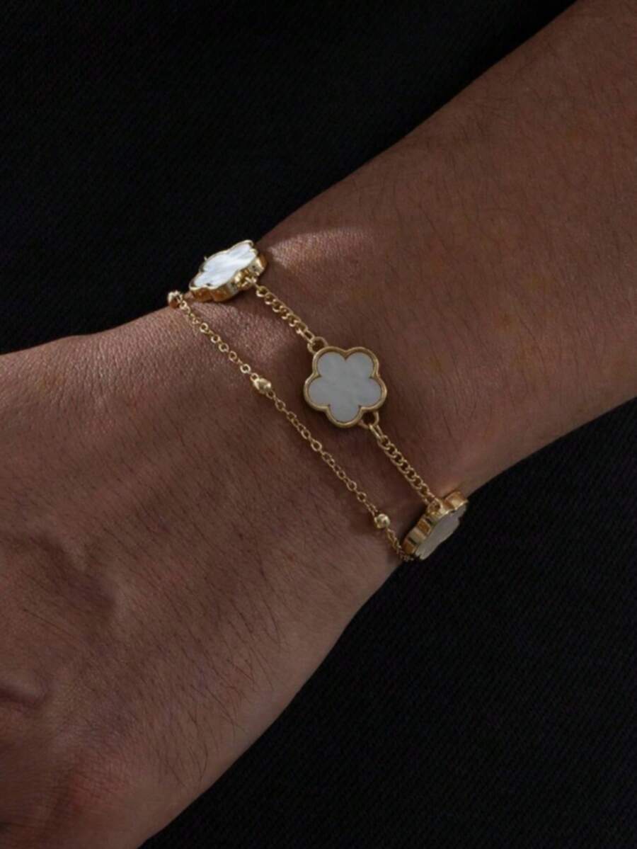 1pc Lucky 5-Leaf Clover Bracelet For Men, Casual & Date Wear Gift (No Gift Box, Random Number Of Beads On First Layer) - White - View 1