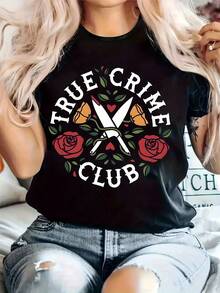 Mujeres de talla grande "Club del crimen real" Camiseta gráfica - Negro, cuello redondo, manga corta, parte superior de punto casual con diseño de rosa y tijeras, cómoda para todas las estaciones, ropa casual | Camiseta gráfica | Tela elástica - Negro - Ver 1