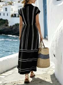 Holidaya Vestido camisero casual de mujer con botones y estampado de rayas de contraste - Negro - Ver 2