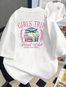 Camiseta de manga corta% algodón con estampado frontal y trasero - Girls Trip, Travel Club - Camiseta estampada de moda para mujer, ¡tu mejor elección! Adecuada para todas las estaciones, se puede usar como capa base en primavera y otoño o sola en verano. Estilo unisex, perfecta para amigas. Camiseta de algodón de alta calidad con un toque de marca moderno. - Blanco - Ver 1