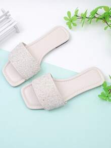 Sandalias planas con estampado de serpiente dorada y diseño cruzado para niña, sandalias de playa de verano con punta cuadrada de metal - Beis - Ver 1