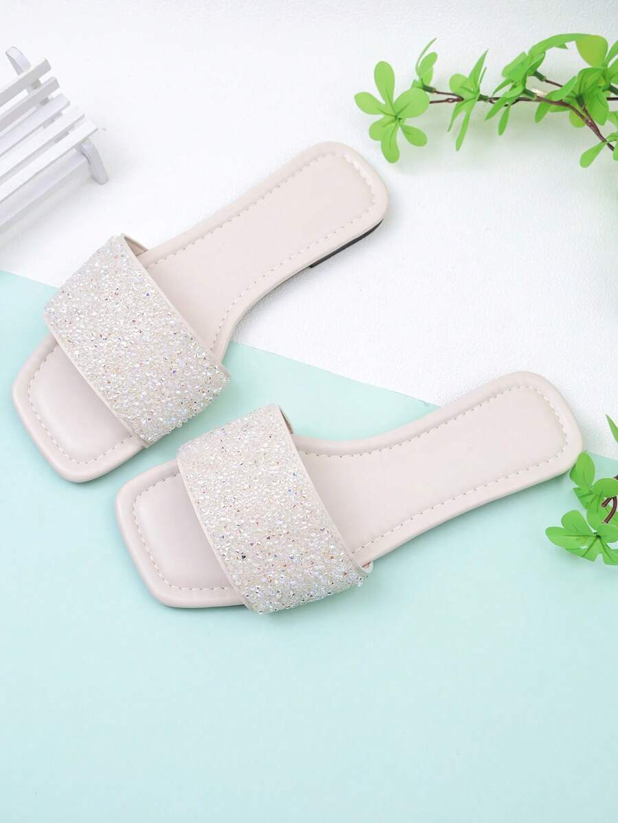 Sandalias planas con estampado de serpiente dorada y diseño cruzado para niña, sandalias de playa de verano con punta cuadrada de metal - Beis - Ver 1