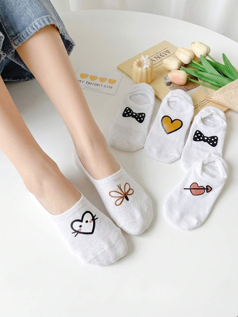 5/10 Pairs White Cartoon Minimalist Invisible Boat Socks For Women, Thin Breathable Non-Slip Cute Japanese Style Student Socks, Spring/Summer - Multicolor - View 1