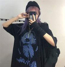 Camiseta gótica de verano para mujer con estampado estético de anime, top casual de moda Harajuku - 629 Negro - Ver 10