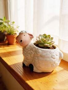1 pièce Pot à plantes succulentes en résine en forme de mouton mignon, décoration de bureau en forme d'animal de dessin animé - Pot de fleurs en forme de mouton - Voir 3