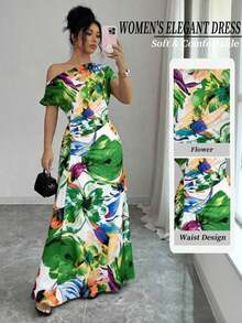 Long Asymmetrical Dress With Ruffles At The Shoulders And Waist, Floral Print, Elegant And Minimalist, Suitable For Work, New Year's, Streetwear, French Romantic Style, Casual, Middle Eastern Retro, Afternoon Tea, Party, Thanksgiving, Back To School, Spring/Summer - 白色 - 查看 12