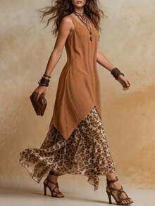 Vestido de mujer estilo retro y vintage con estampado de leopardo bohemio, elegante para vacaciones de verano y festivales de música - Marrón - Ver 5