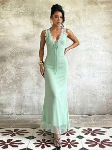 1 pieza Vestido de fiesta elegante de unicolor, tela de punto con cremallera y adorno de encaje, adecuado para citas en verano - verde menta - Ver 5