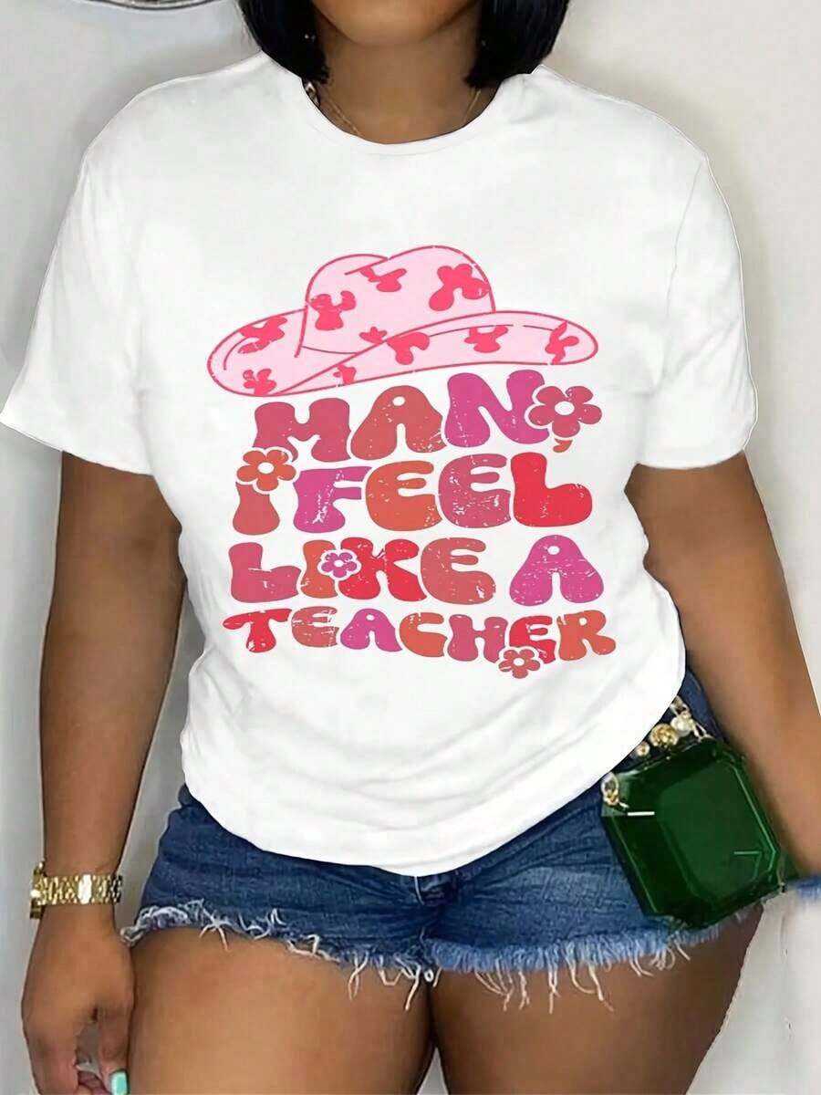Women's Short-Sleeved Camisole, 100% Cotton, Soft And Breathable - Graphic Print With Teacher Theme, Casual Round Neck Top For Back To School Season, Versatile Camisole For Educators And Mothers, Teacher Camisole, Breathable And Comfortable. - 白色 - 查看 1