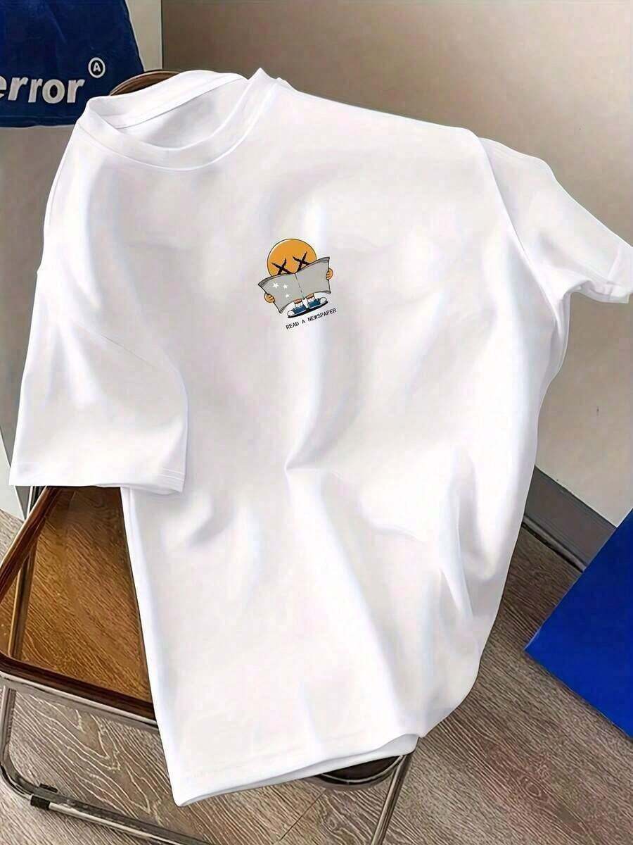 1 pieza de camiseta con estampado y hombros caídos |   Top Casual de Manga Corta y Cuello Redondo para Primavera y Verano, Moda Femenina, Patrón Geométrico, Camiseta Gráfica de Tela Ligeramente Elástica, Camisetas Gráficas para Mujer, Camiseta de Verano, Camiseta Casual, Ropa de Vacaciones para Mujer, Diseño Juvenil y Moderno, 180g Algodón 100% - Blanco - Ver 1