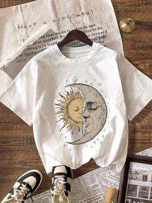 1 pieza de camiseta gráfica de verano con diseño vintage de sol y luna, camiseta casual de manga corta con cuello redondo para mujer, 180g 100% algodón. - Negro - Ver 4