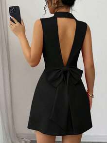 Nuevo vestido mini de mujer con diseño de lazo, de cuello de solapa, doble botonadura, escote en V profundo, sin mangas, ajustado, versátil para fiesta, cita, joven, elegante, pequeña y sexy - Negro - Ver 2