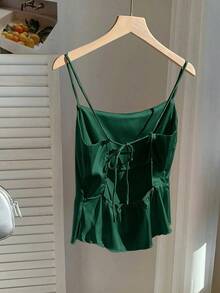 Top tipo tirantes para mujer sin espalda con lazo en color marrón chocolate satinado - Verde Oscuro - Ver 1