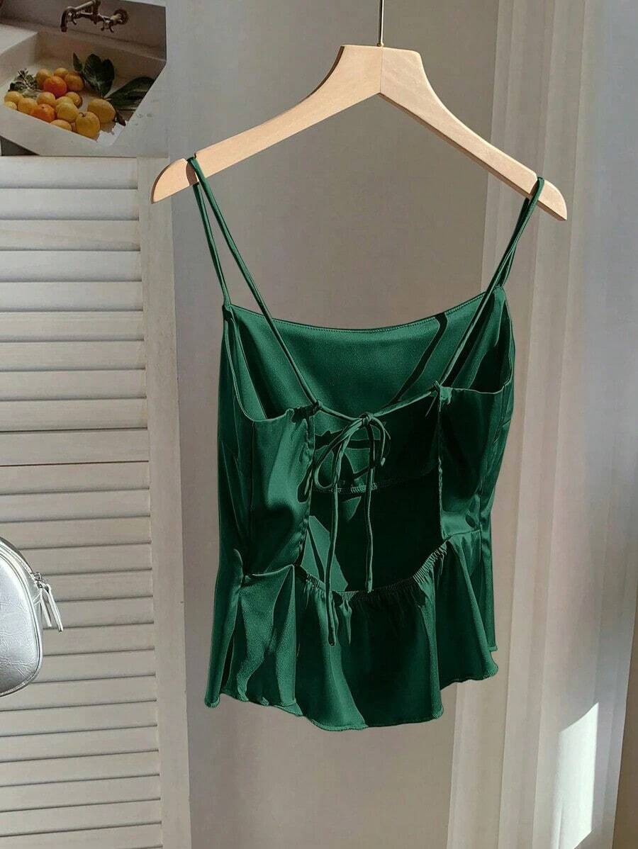 Top tipo tirantes para mujer sin espalda con lazo en color marrón chocolate satinado - Verde Oscuro - Ver 1