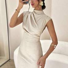 guangzhougaolangshangmao  Vestido de verano de mujer elegante de unicolor con cuello de pie que ciñe la cintura - Azul - Ver 2