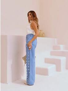 Women's Wide Leg Metal Jeans - 淺藍色 - 查看 4