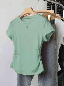 Set de 3 piezas de blusas para mujer para exteriores, en rojo, negro y blanco, nuevas llegadas de verano, camiseta ajustada con pliegues, de estilo elegante y versátil, de vuelta al colegio, que llama mucha la atención, camiseta de manga corta de v - Multicolor 6 - Ver 8