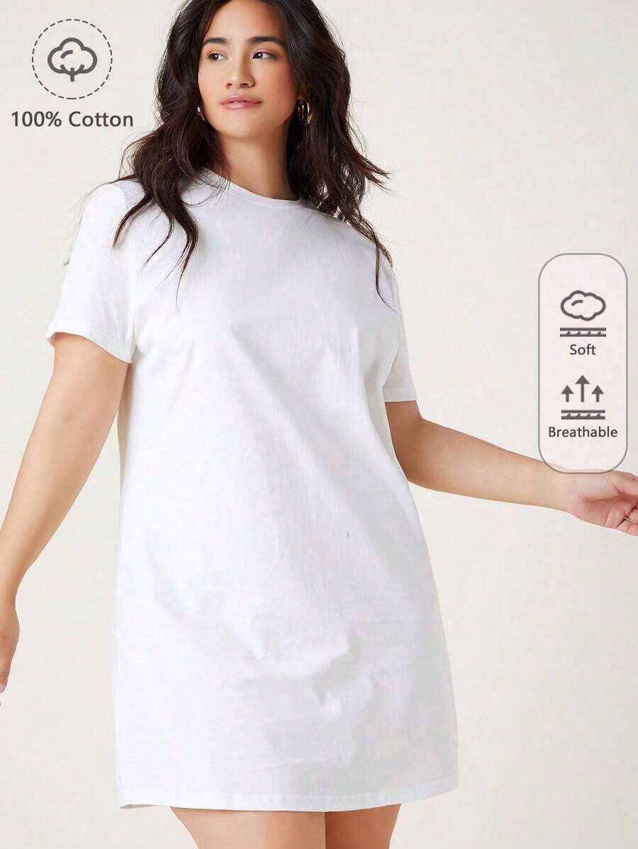 Vestido De Manga Corta De Talla Grande Con Cuello Redondo Y Diseño De Camiseta En Color Sólido - Blanco - Ver 1