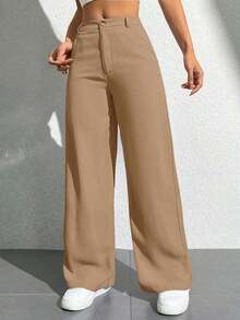 Pantalones casuales de pierna recta de unicolor con bolsillos para mujeres - Caqui - Ver 5