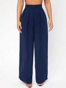 Pantalones de pierna ancha de cintura alta con pliegues - Azul marino - Ver 6