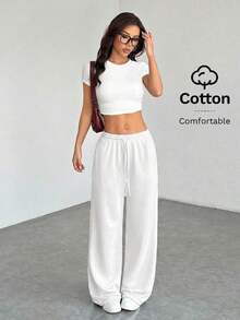 Pantalones de chándal de mujer de punto de unicolor, cómodos y casuales con pierna ancha - Blanco - Ver 4