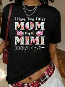 Regalo para el Día de la Madre: Camiseta con Estampado Floral "Tengo Dos Títulos, Mamá y Abuela", Manga Corta, Cuello Redondo, Estilo Casual para Verano y Primavera, Ropa de Tallas Grandes para Mujer - Negro - Ver 1
