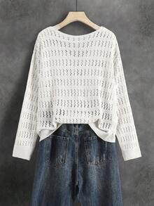 女款V領長袖鏤空針織罩衫－休閒優雅復古夏季海灘度假上衣 - 白色 - 查看 8