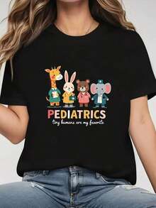 Camiseta de Mujer, Estampado Gráfico "PEDIATRICS, Tiny Humans Are My Favorite" y "Cute Pet In Scrubs", Camiseta Negra de Manga Corta con Cuello Redondo Estampado - Lavable a Máquina, Estilo Casual, Ajuste Cómodo, Diseño Moderno, Versátil para Uso Diario, Suave - Negro - Ver 6