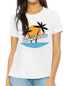 1 camiseta con estampado gráfico de palmera de California, 220g, para vacaciones en la playa, estilo casual para mujer, 100% algodón, cuello redondo, estilo relajado para el día a día, transpirable y cómoda. - Blanco - Ver 1